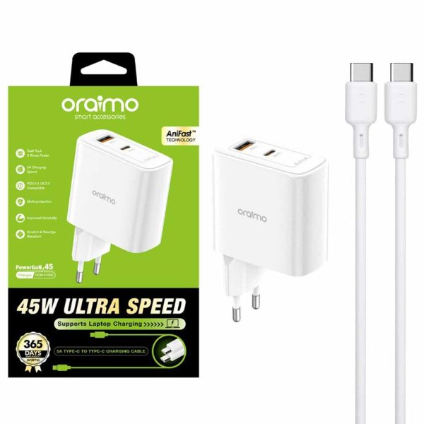 Oraimo Ultra Speed PowerGaN OCW E102D – 45 W Câble Type-C BLANC