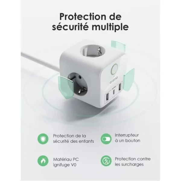 Oraimo PowerHub C Multiprise 3 Prises avec 3 USB Chargeur (18W) + 1 USB C Chargeur (20W), 3680W Multiprise Cube 6 EN 1 – Image 3