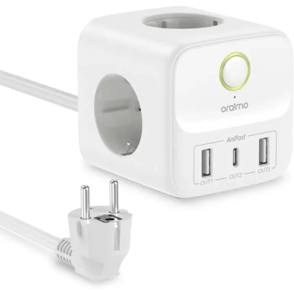 Oraimo PowerHub C Multiprise 3 Prises avec 3 USB Chargeur (18W) + 1 USB C Chargeur (20W), 3680W Multiprise Cube 6 EN 1 – Image 7