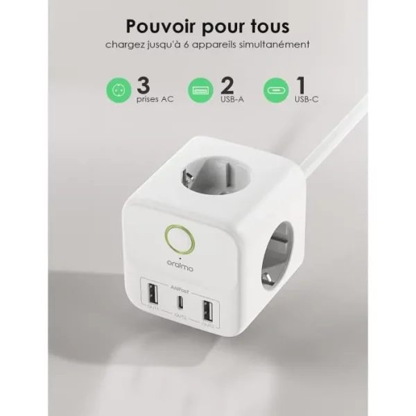 Oraimo PowerHub C Multiprise 3 Prises avec 3 USB Chargeur (18W) + 1 USB C Chargeur (20W), 3680W Multiprise Cube 6 EN 1 – Image 6