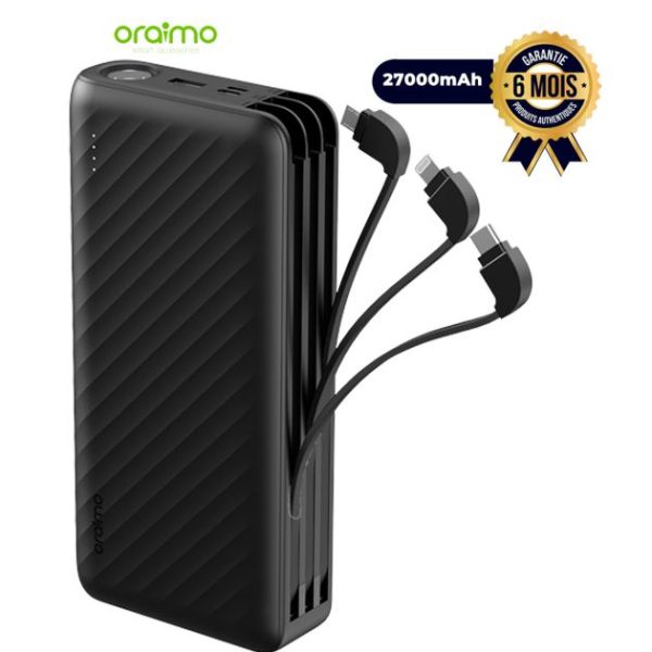 Powerbank Oraimo Travaler link 27 - OPB-P5271 - 27000mAh - 12W - 2 entrées type C/Micro USB - 04 sorties USB-A/câble micro-USB/câble Lightning/câble de type C - Garantie 6 mois
